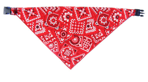 Red dog bandana features geometrical shapes against a red background