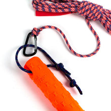 Load image into Gallery viewer, The Clip N&#39; Toss Rope attached to an original Katie&#39;s Bumper toy
