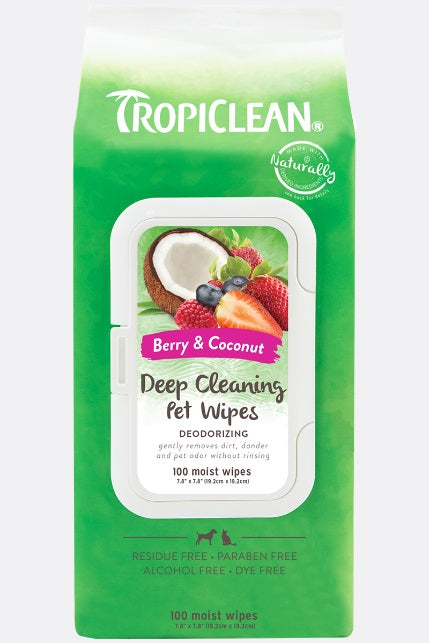 TropiClean deodorizing deep cleaning berry and coconut wipes for pets