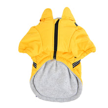 Load image into Gallery viewer, Underside view of Mallory Winter Fleece Dog Vest with Harness in Yellow
