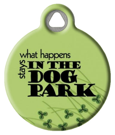 What happens in the dog park whimsical pet id tag