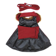Cargar imagen en el visor de la galería, Comfortably lined Burgundy Faux Fur-trimmed Dog Harness Coat with Matching Leash
