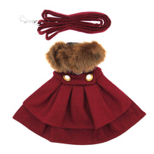 Cargar imagen en el visor de la galería, Burgundy Wool Faux Fur-trimmed Dog Harness Coat with Matching Leash
