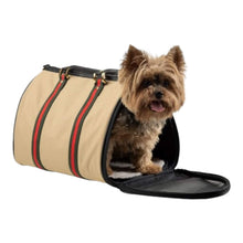 Load image into Gallery viewer, Yorkie Coming out of Duffel Bag Designer Dog Carrier - Khaki with Stripe
