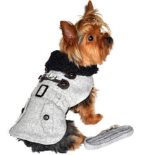 Cargar imagen en el visor de la galería, Yorkshire Terrier models Grey Herringbone Dog Harness Coat with matching leash
