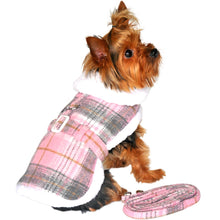 Load image into Gallery viewer, Yorkie models Sherpa-Lined Dog Harness Coat in Pink &amp; White Plaid
