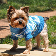 Load image into Gallery viewer, Yorkie Wears Combed Cotton Snowflakes and Hearts Dog Sweater in Blue
