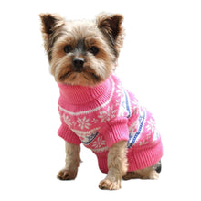 Load image into Gallery viewer, Yorkie Wears Combed Cotton Snowflakes and Hearts Dog Sweater in Pink
