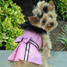 Load image into Gallery viewer, Yorkie wears the Wool Fur-trimmed Harness Coat in Pink
